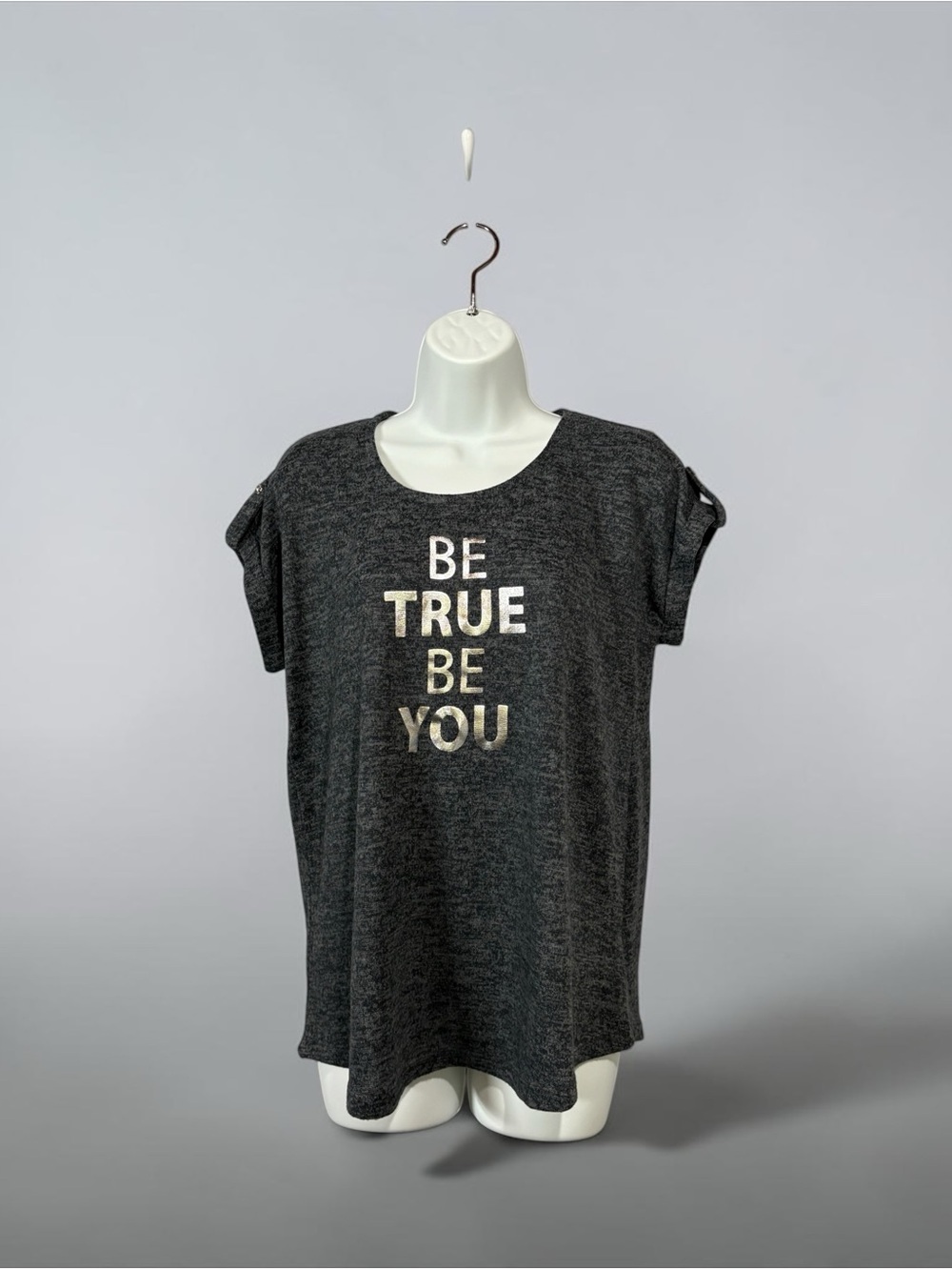 mySTYLE, Be True Be You, Stretch Tee Charcoal Heather Top, Small